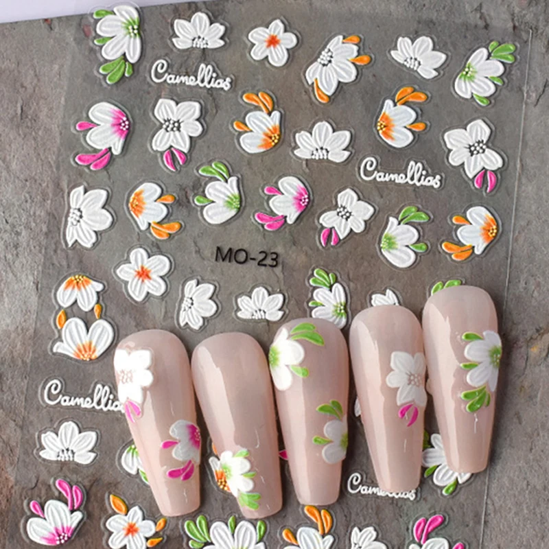 Decalcomanie per nail art in rilievo 5D Camelioli Fiore Fiori Cursori adesivi Adesivi per unghie Decorazioni per manicure