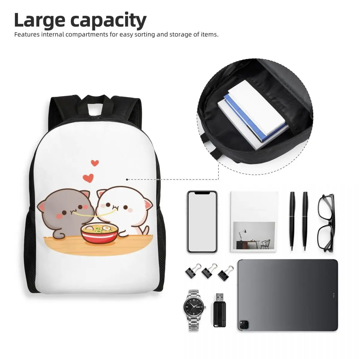 Peach e Goma Mochi Mochi Mochila para Homens e Mulheres, Mochila Escolar, Estudantes Universitários, Laptop Bags, Fits 15 ", Cat Eating, Ramen