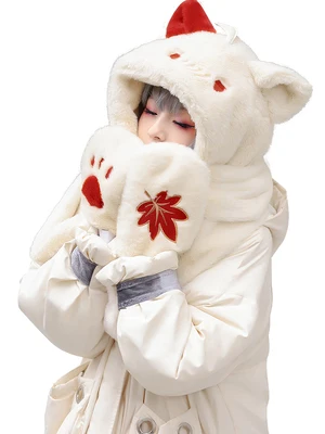 

Game Genshin Impact Cosplay Cap Cartoon Kawaii Winter Plush All-in-one Hooded Warm Gloves Halloween Party Costume Accessories