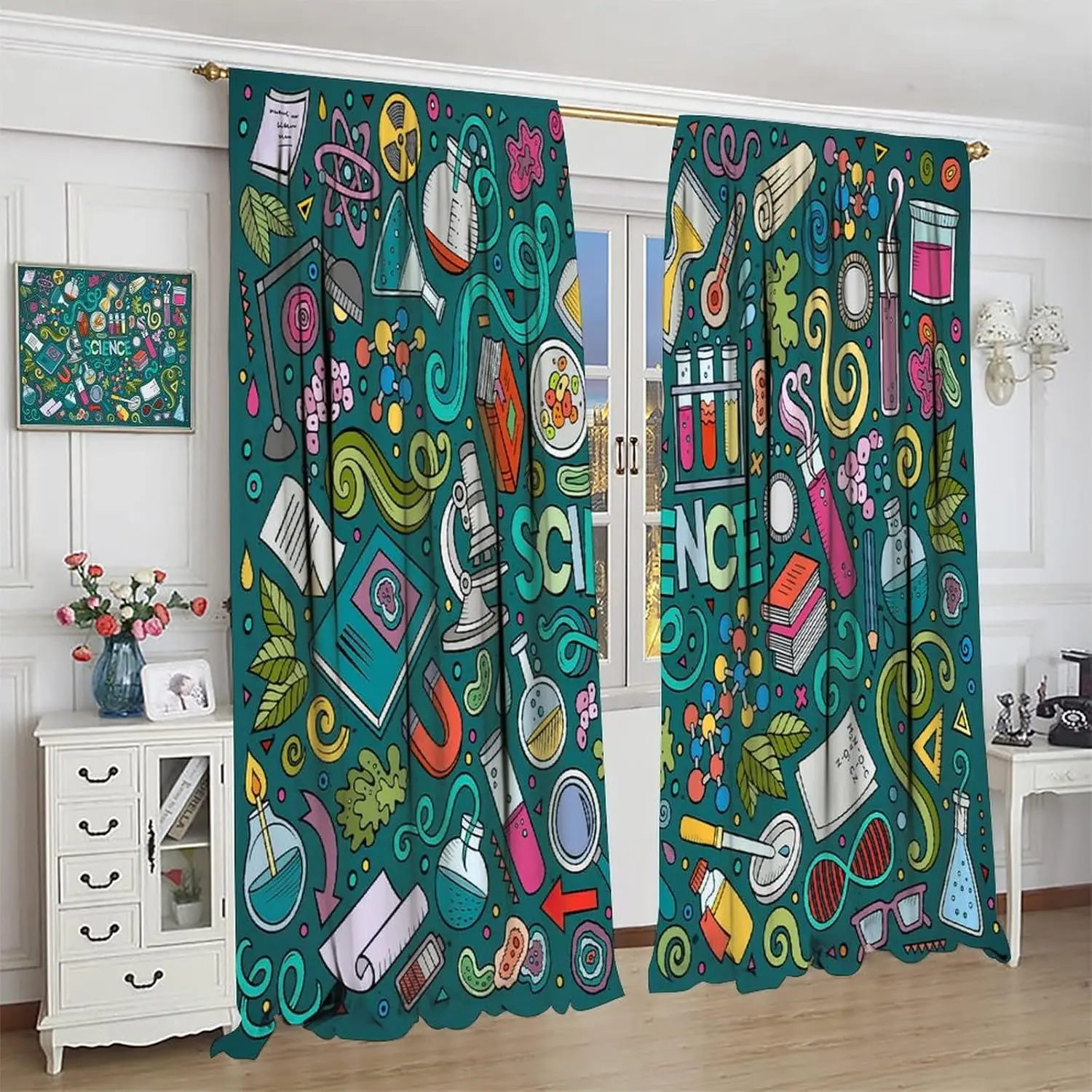 Science Kids Blackout Windows Curtains, Science Lab Book Equations Magnifying Glasses Molecular Flasks Printed Curtains