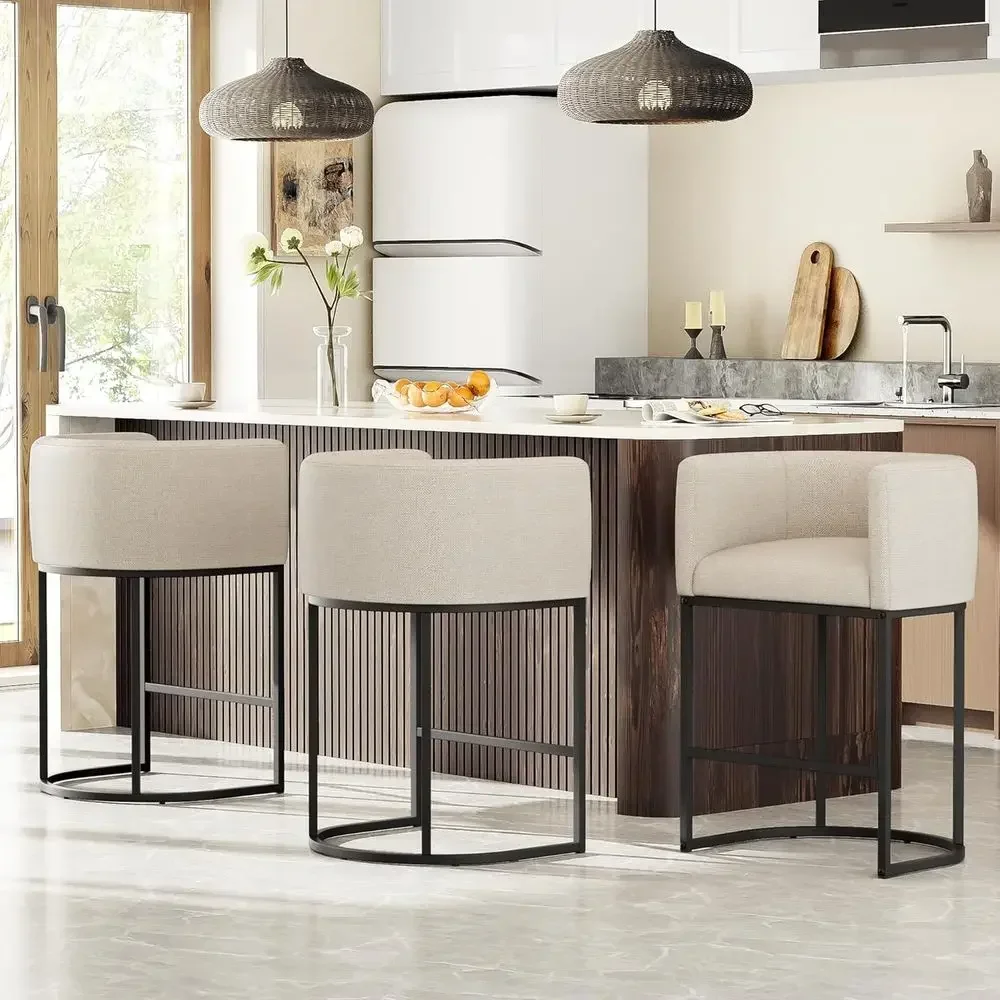 Set of 3 Linen-Upholstered Counter Height Bar Stools with Backrest and Arms, Beige