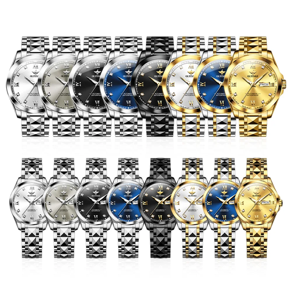 OUPINKE 3262 ساعة ميكانيكية للأعمال للزوجين فاخرة أصلية بتقويم مزدوج مقاومة للماء ساعة يد ماسية بمقياس ماسي ساعة مضيئة