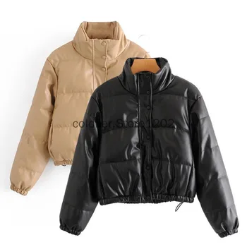 여성용 PU 가죽 코트, 짧은 파카, 블랙 코튼 패딩, 레이디 다운 재킷, 우아한 지퍼 의류, 겨울 패션