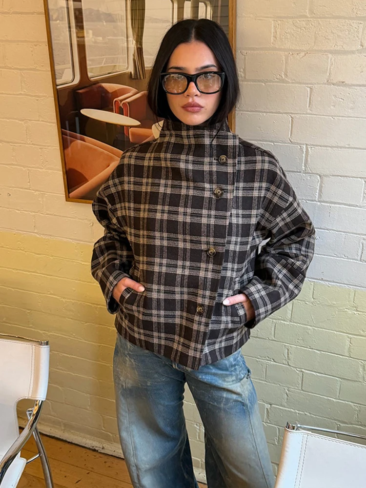 Single Breasted Plaid Women's Jacket Long Sleeve Loose Stand Collar Pockets Lady 2026 Spring Autumn Fashion Casual Female Coat