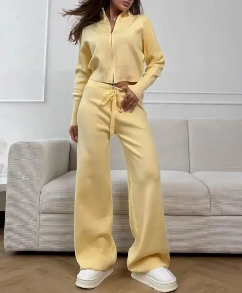 Tweedelige set damesoutfit 2025 herfst winter nieuwe commuter dubbele rits lange mouw gebreide top en hoge taille casual broek set