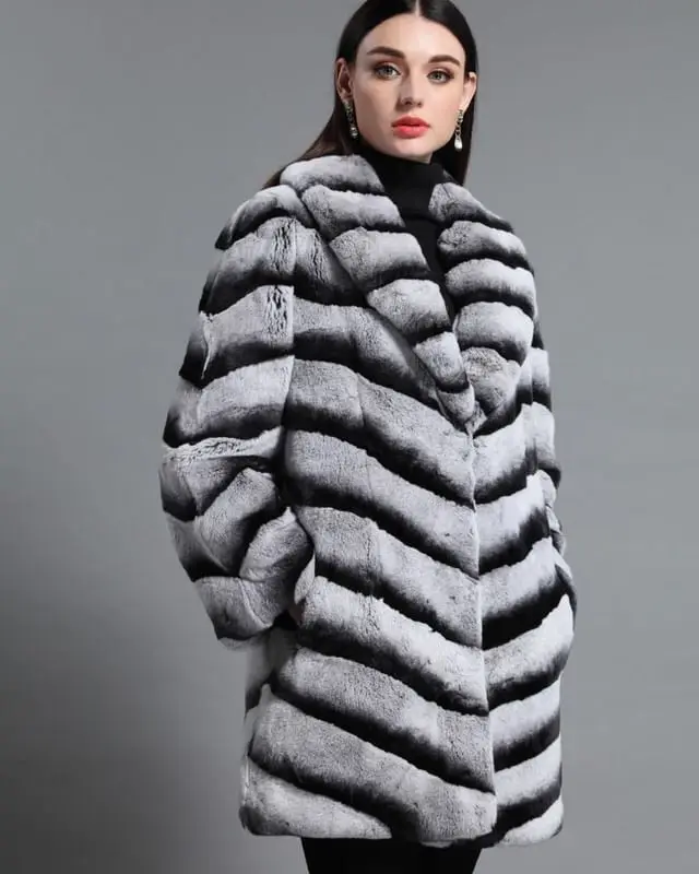 Fashion Elegant Real Rex Rabbit Fur Coat Women's Chinchilla Mid Length Thick Jacket Overcoat Winter Warm Natural Fur Outwear