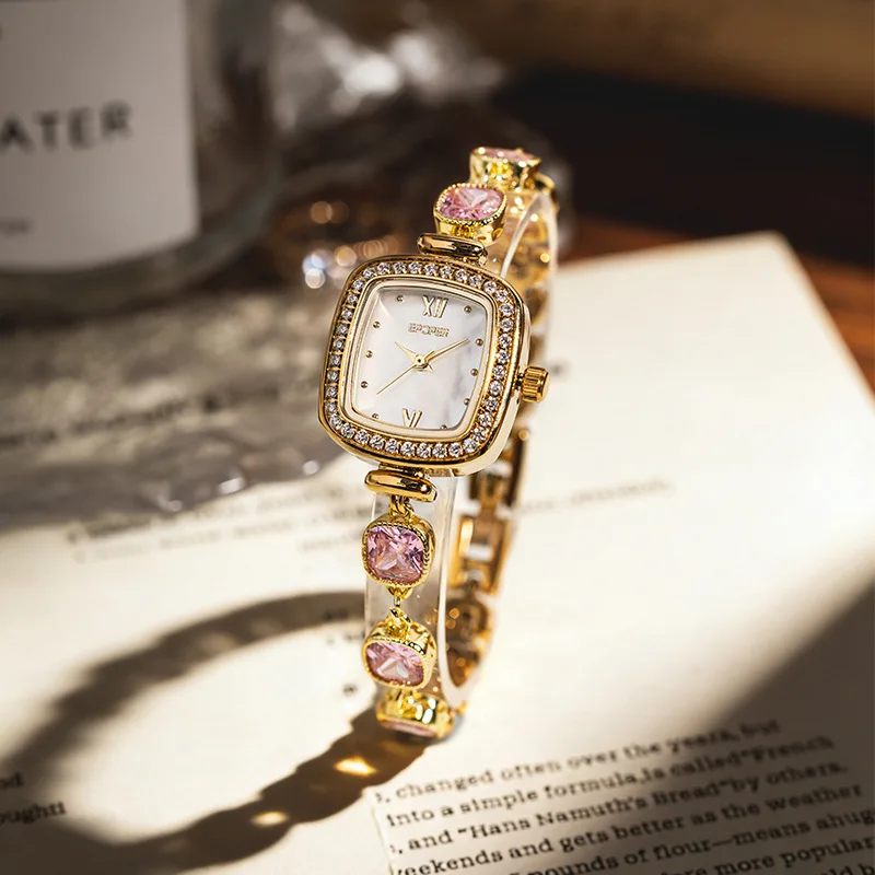 New Geometric Colored Bracelet Square Mother Of Pearl Simple Waterproof Quartz Goddess Watch Shiny Little Sugar Cube Lady Watch