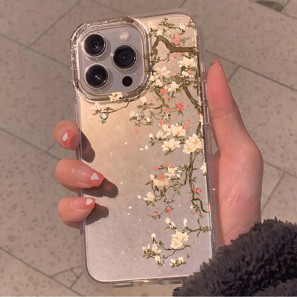Coque de téléphone souple en TPU avec motif de fleur de magnolia vintage et paillettes pour iPhone 17, 16, 14, 12, 13, 15, 11 Pro Max, Air 16, 15, 14 Plus, 17E, 16E, X, XR