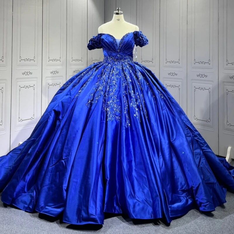 

Royal Blue Shiny Quinceanera Dresses Ball Gown Off The Shoulder Applique Beading Party Birthday Sweet 16 Dress Vestidos 15 Anos