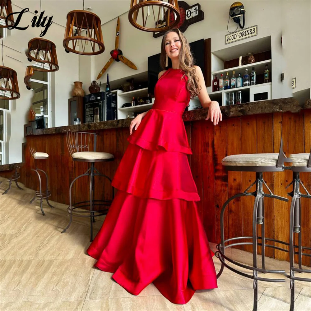 Lily Fuchsia Sleeveless Party Dress Satin O Neck Prom Dress Simple A Line 프롬드레스 Tiered Ruffles Gala Dresses Customized image 2