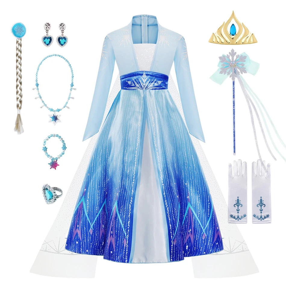 Elsa Dress Kids Halloween Cosplay Children Princess Costume Dresses Crown Wand Gloves Carnival Birthday Party Clothes