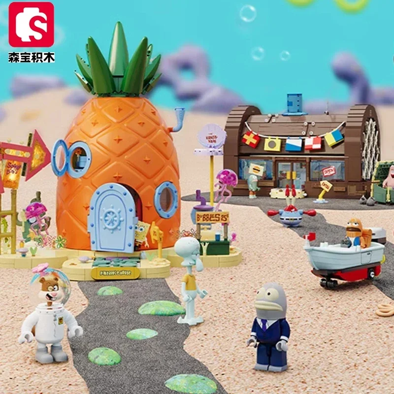 SpongeBob SquarePants Building Blocks Pineapple House Krabby Patty Restaurant Bricks Model Set Desktop Ornaments Kids DIY Toys