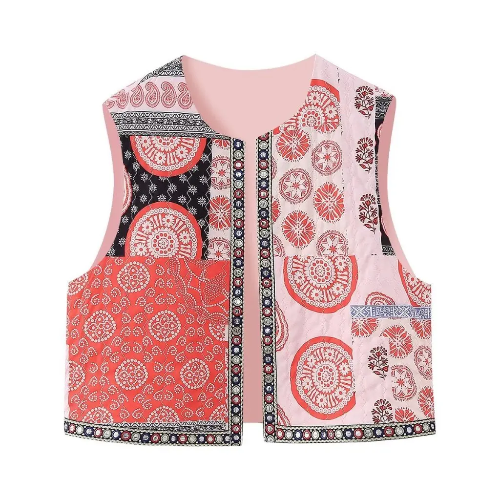 

Women's Sleeveless round Neck Quilted Cotton Vest New Autumn Fashion Splicing Printed European And American Style Clothing
