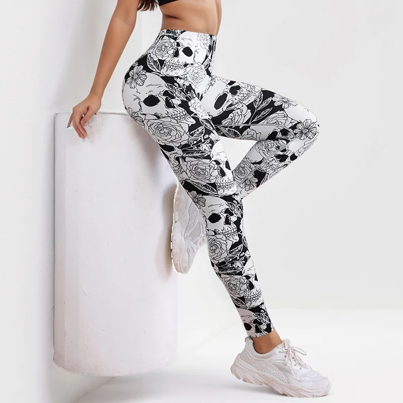 Ladies Skull Rose Seamless Printed High Waist Peach Hip Fitness Trousers Breathable Yoga Pants