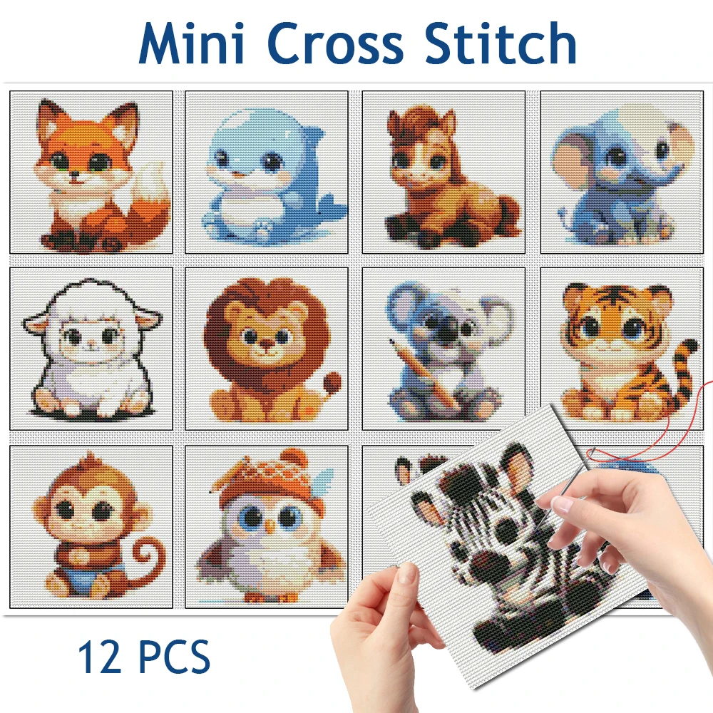 Evershine Mini-Kreuzstich-Set mit Tiermotiven, 12-teilig, Tiger-Stickerei, Mehrteiliges Bedrucktes Kreuzstich-Kit, Löwen-Heimdekoration