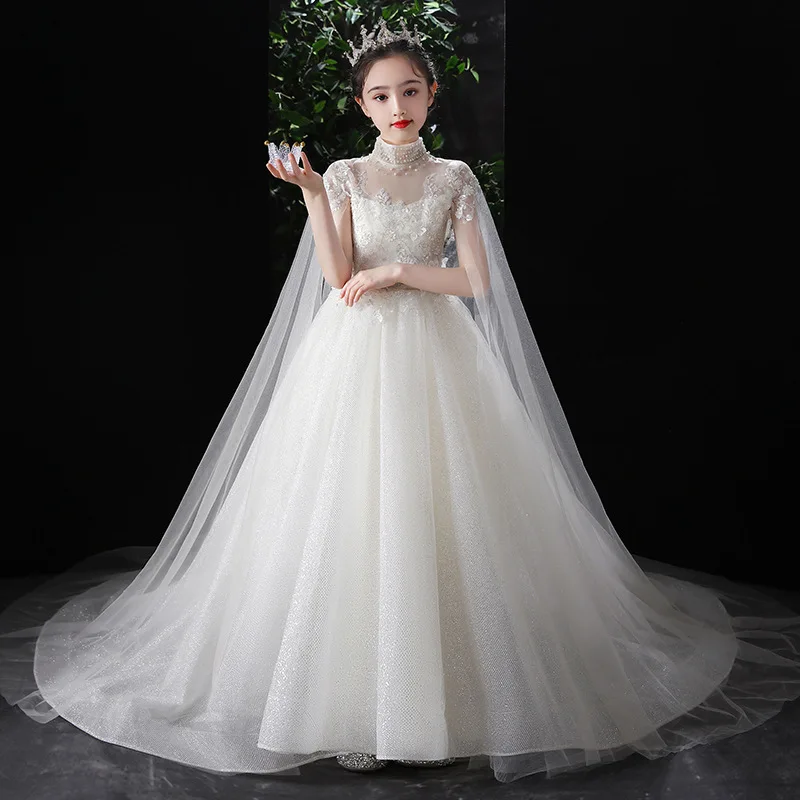 Girls Trailing Dress Flower Girl Wedding Model Catwalk Children's Piano Performance Costume Birthday Party Host Evening Dress