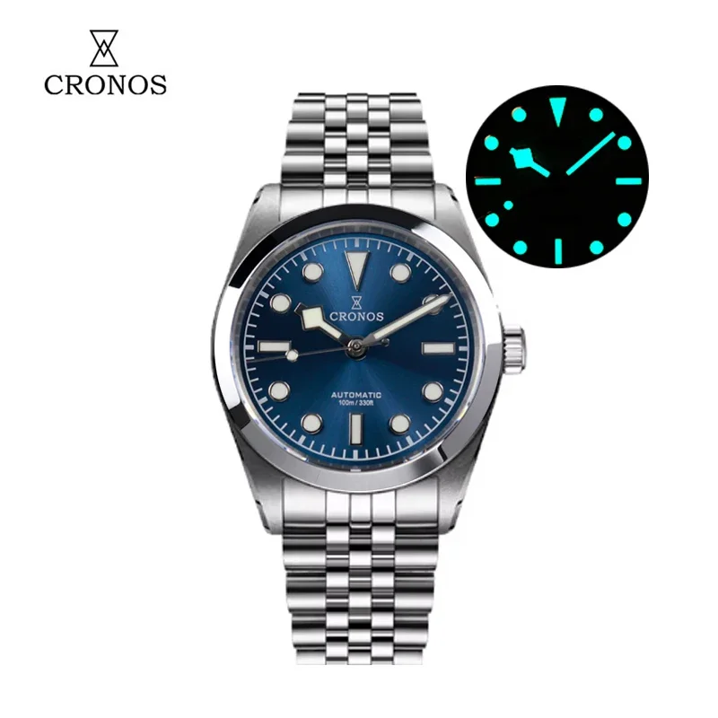 Cronos New Mechanical Men Watches 36mm Automatic PT5000 SW200 Snowf Hands Sapphire Glass SST Bracelet BGW-9 C3 Lume 10ATM L6036