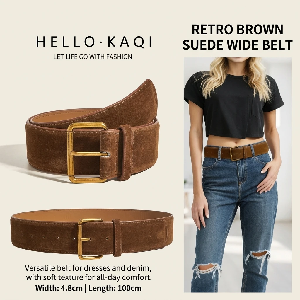 Artificial Suede Wide Waist Belt In Retro Brown With Adjustable Fit Metal Detail For Dress Skirt Jeans Outfit Women