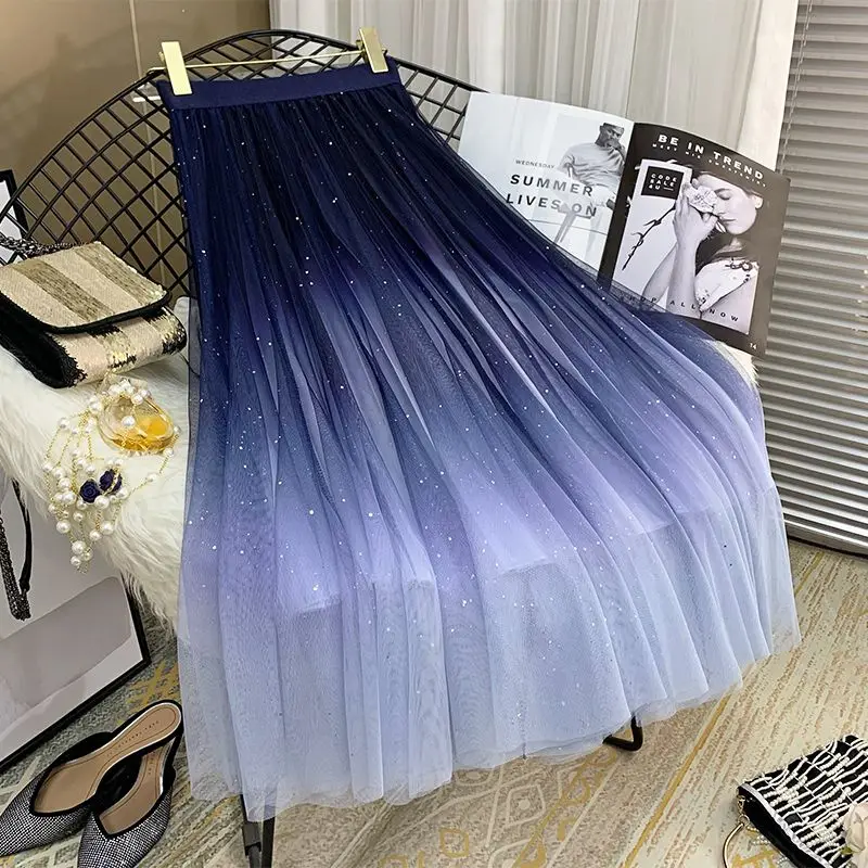 Korean Long Skirt Fashion Long Skirt As Early As 2024 New Korean Spring and Autumn High Waisted Street Gradient Mesh Skirt P914