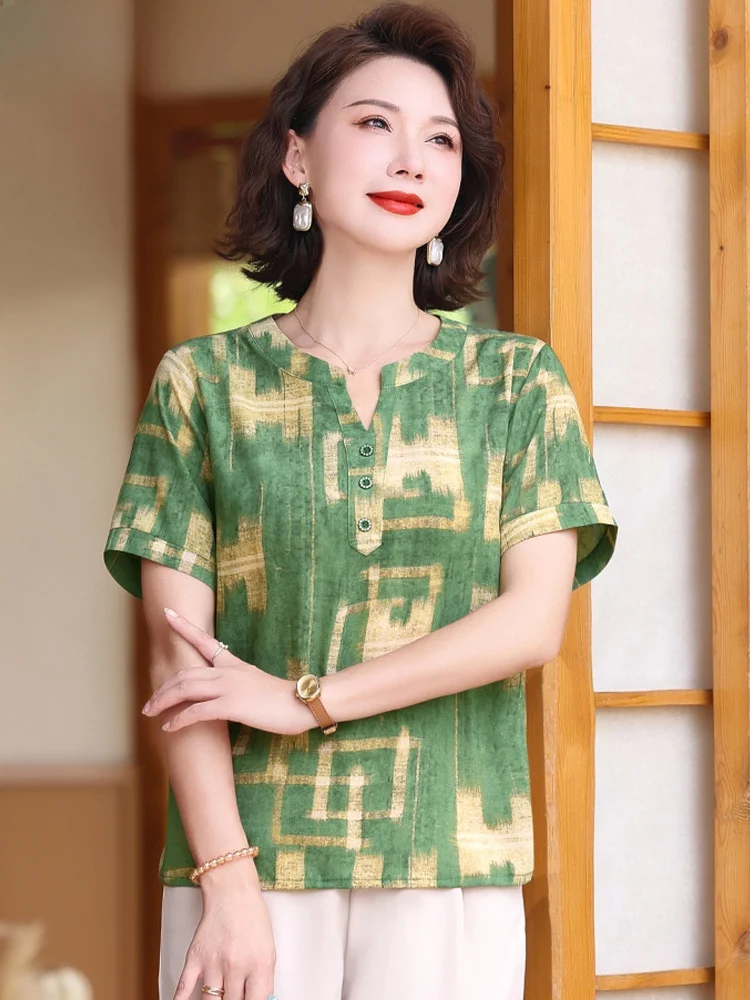 

Fashionable Cotton Linen Summer Outfit Short Sleeve Shirt And Pants Set for Middle-Aged And Elderly Women Comfortable Loose Fit