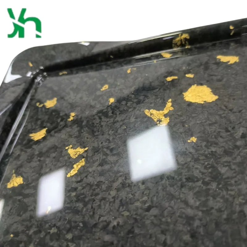 Bandeja de fibra de carbono seca 3K con incrustaciones de hojas doradas, plato de aperitivo forjado de 30x25cm, servicio de lujo moderno