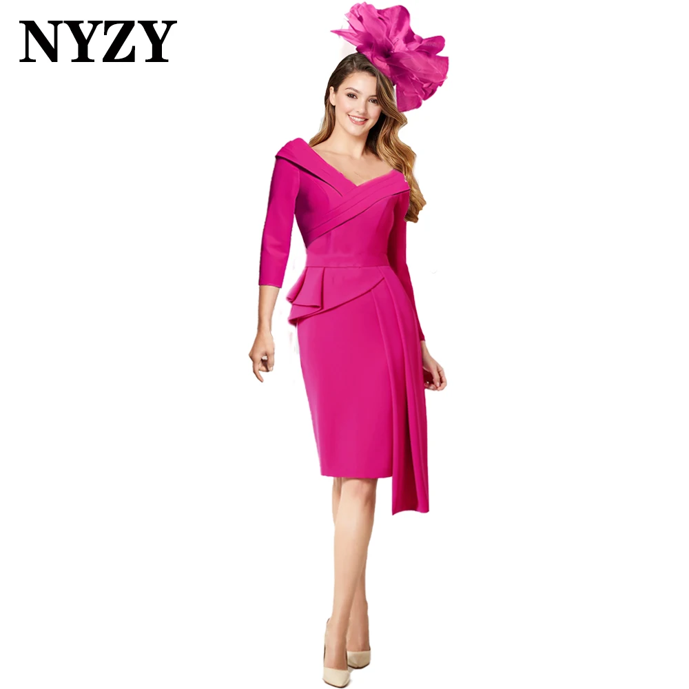 NYZY M413 Jersey off the Shoulder 3/4 Sleeves Short Mother of the Bride Groom Dresses 2024  Cocktail Party Gowns