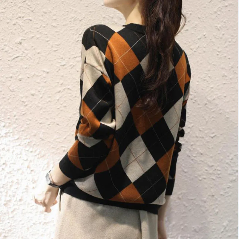 Korean New Fashion Argyle Panelled Sweaters Long Sleeve O-Neck Spring Autumn Loose Pullovers Vintage Casual Women Knit Sweater