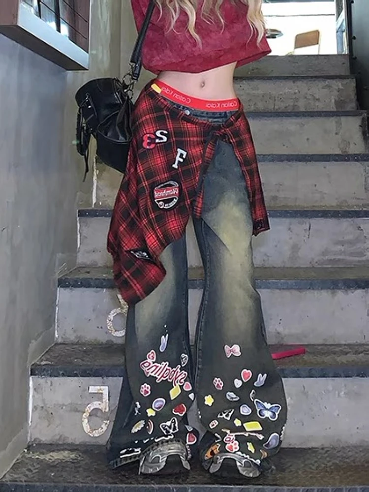 

Women's spring design sense high waist loose fit wide leg straight leg pants American style retro cartoon graffiti jeans