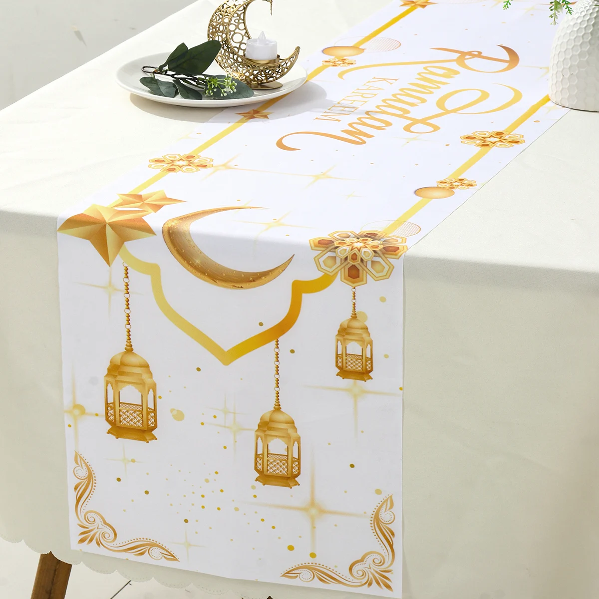 2024 Eid Mubarak Decoration Tablecloth Table Runner Banner Balloons Islamic Muslim Party Decor Ramadan Kareem Eid Al Adha Gift