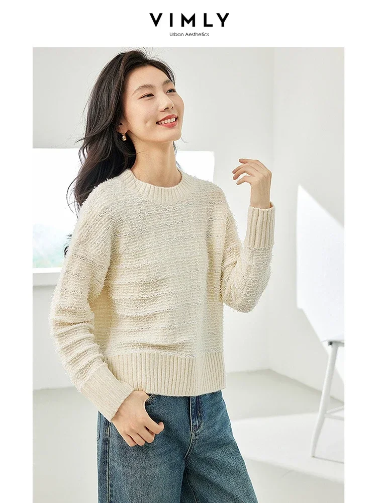 Vimly Apricot Striped Pullover Knitted Sweater Autumn O-neck Long Sleeve Tops for Woman 2023 Fall New Loose Knitwear Women 72269