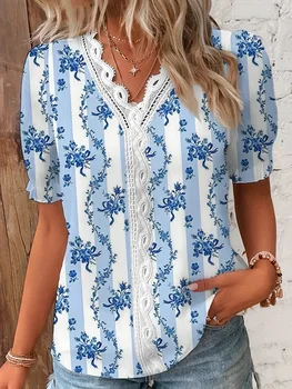 Casual Vacation V-Neck Blouse 5 2024 Fashion Casual Vacation Shirt Women Summer V Neck Hollow Out Solid Color Blouse Female Elegant Striped Jacquard Casual Tops 5