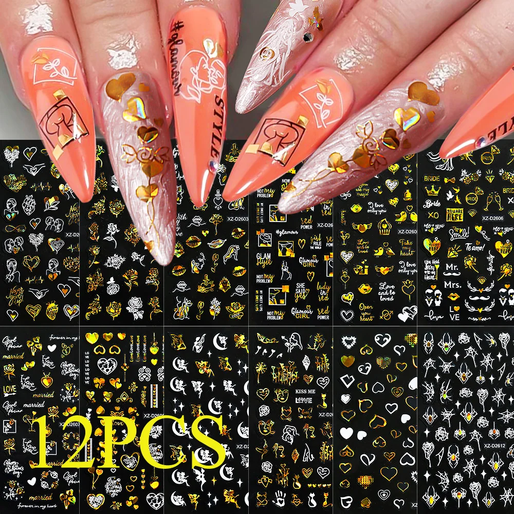 12pcs Gold Laser Love Heart Nail Art Stickers 3D Valentine's Day Decals Charms Red Heart Lips Self Adhesive Slider Manicure Deco