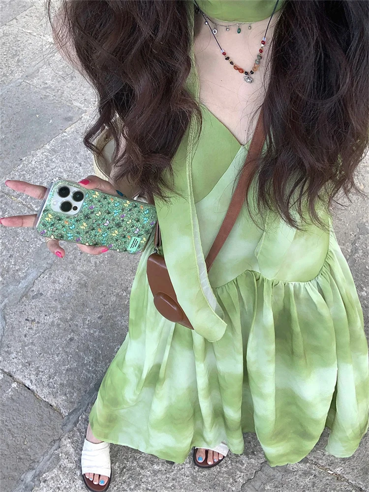 Fresh Light Green Printed V-neck Holiday Dress for Women Gentle Versatile Long Camisole Vestidos Sweet A-line Summer Dresses