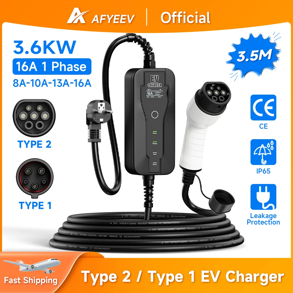 AFYEEV Portable EV Charger Type2 IEC62196-2 16A EVSE Charging Cable Type1 SAE J1772 EU Plug Controller Wallbox for Electric Car