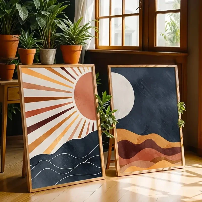 2pcs frameless Canvas Painting 2pcs/Set Sun Moon Bohemianstyle Wall Art Prints Modern Sunset Canvas Posters Interior Living Room