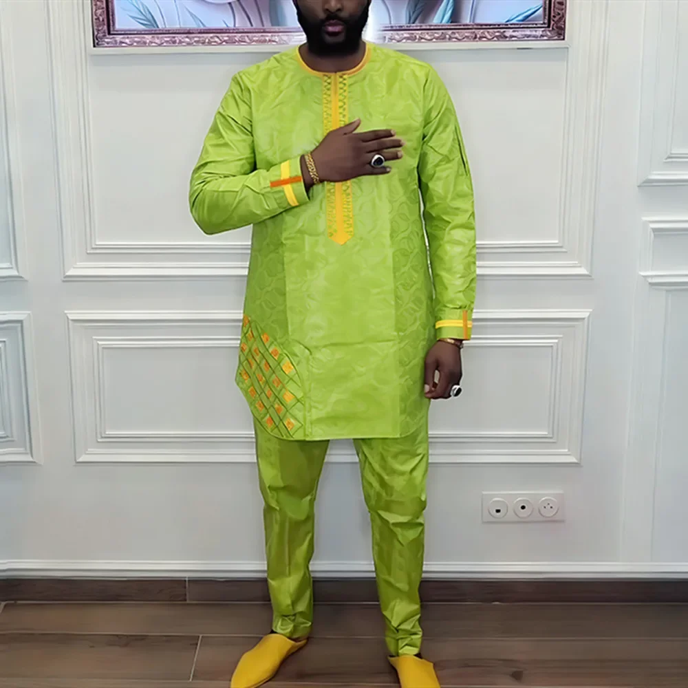 

African Clothes for Men Dashiki Traditional Bazin Riche Embroidery Party Design 2 Piece Set Long Sleeve Tops And Pants Suit 2026