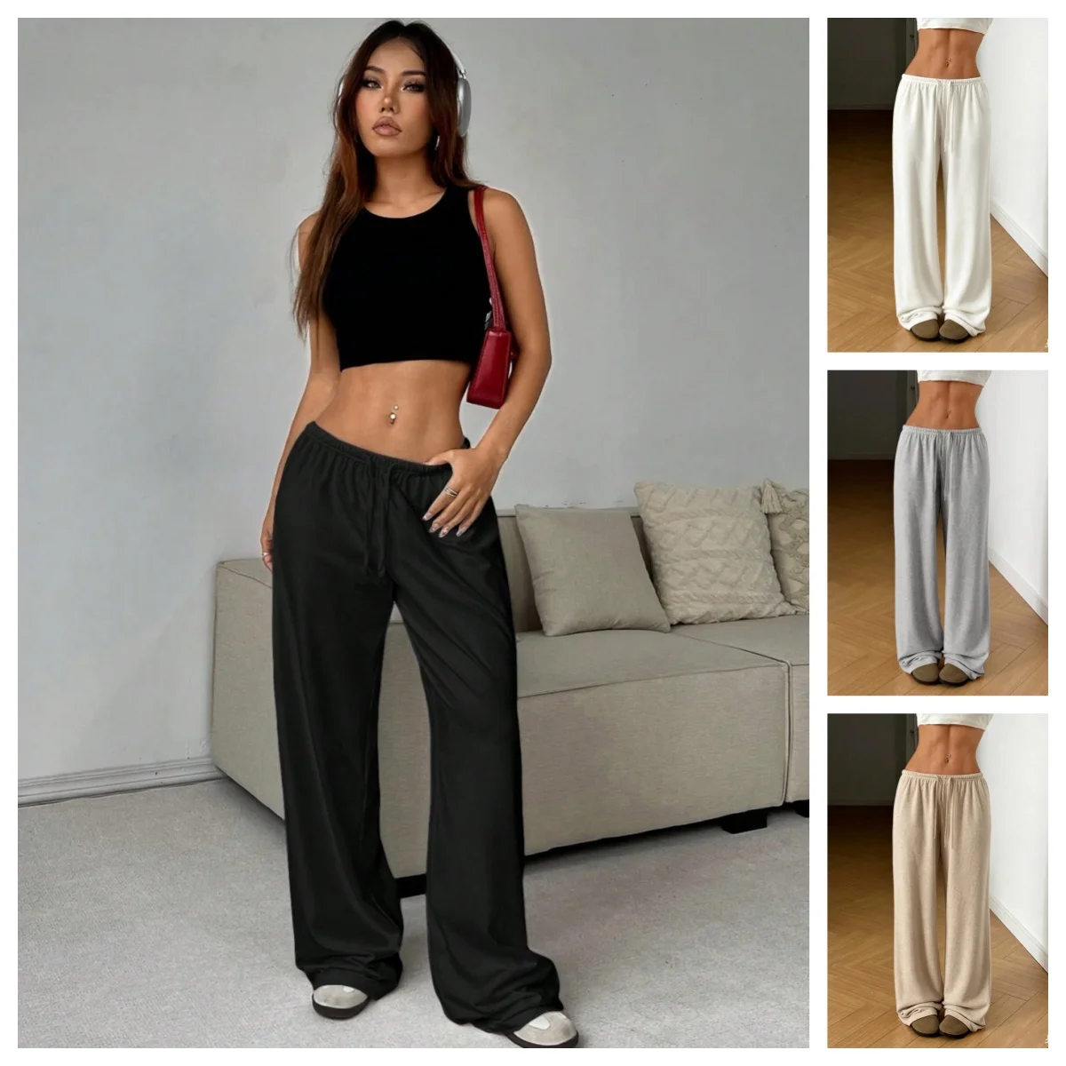 Y2K Elegant Solid High Waist Baggy Pants Women Loose Drawstring Pocket Wide Leg Pants Casual Sweatpant Streetwear Trousers