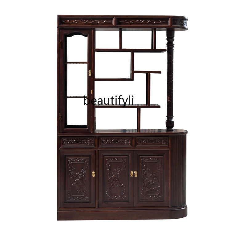 

New Chinese Style Entrance Cabinet Solid Wood Partition Room Hall Screen Gold Rosewood Double-Sided Carved Hallway Wine Cabinet