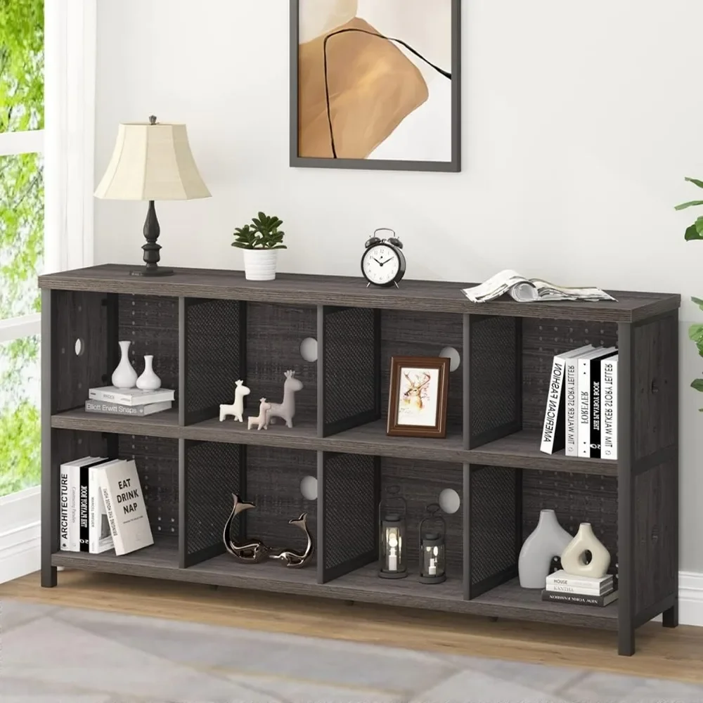 Modern Wide Long Low Book Shelf, Vintage Large Open Cube Storage Organizer for Office Bedroom Living Room, Dark Gray Oak 63 In