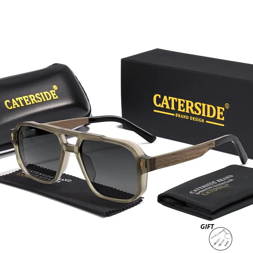 CATERSIDE Retro Quadratische Piloten-Sonnenbrille für Herren und Damen mit Holzmaserung-Bügeln, Korrektionsbrille, Luxuriöse Maßanfertigung – Detail 9