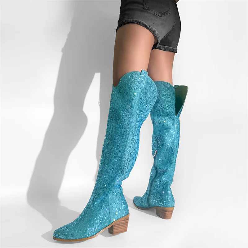 Onlymaker Women Pointed Toe Camouflage  Rhinestone Over The Knee Boots Chunky Heel Bling Big Size Female Boots