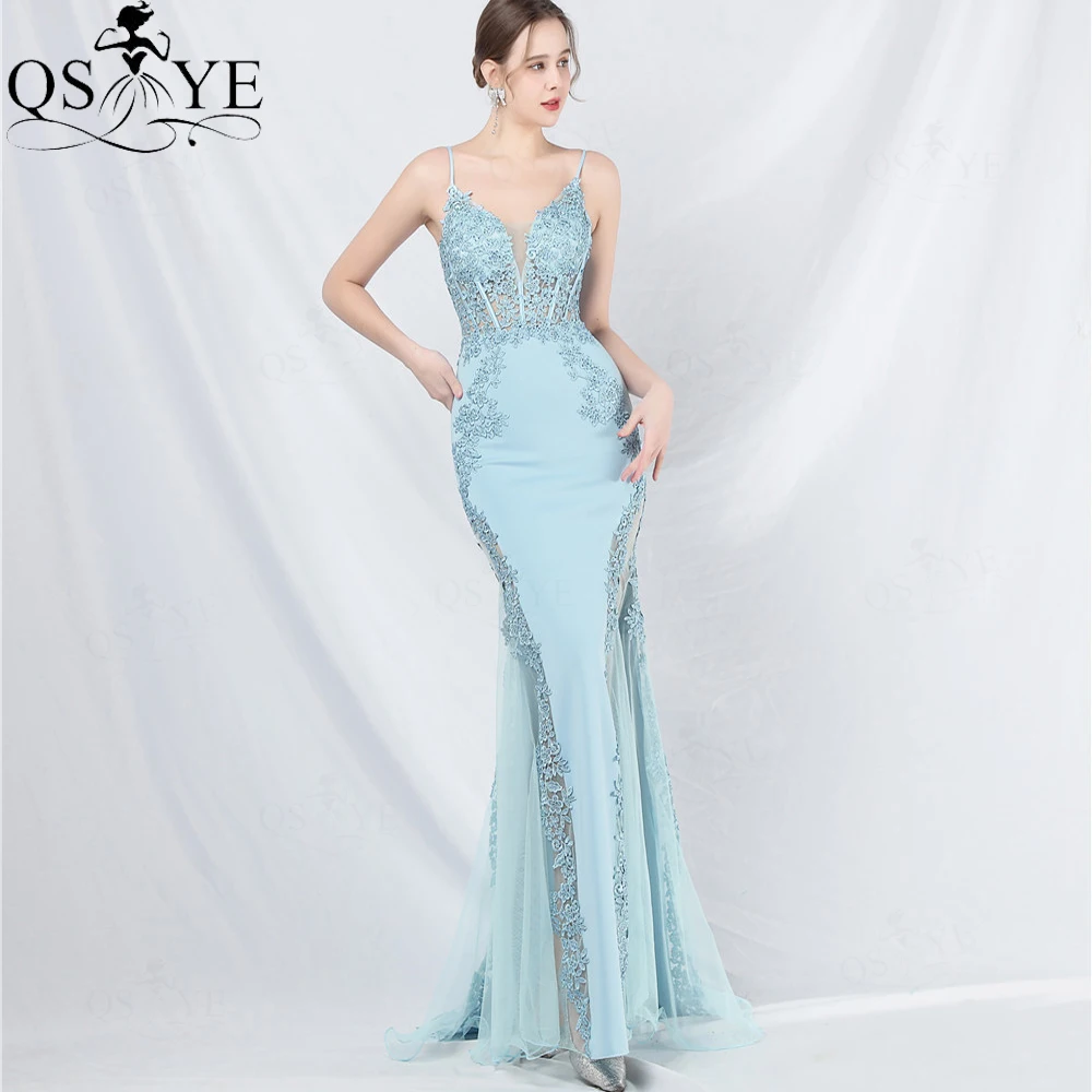 

QSYYE Wedgewood Blue Lace Prom Dresses Illusion Boned Elastic Mermaid Women Formal Party Gown Lace Appliques Slit Evening Dress