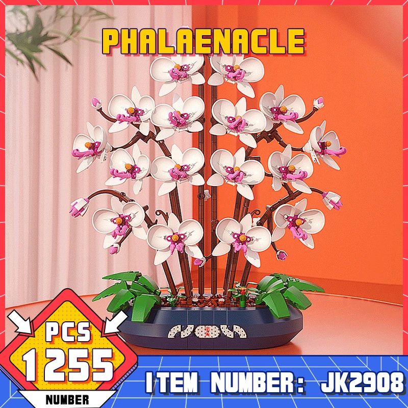 

JK2908 Snow Jade Phalaenopsis Orchid Building Block Potted Flower Bouquet Model Decoration Home Decoration Flowers Children Gift