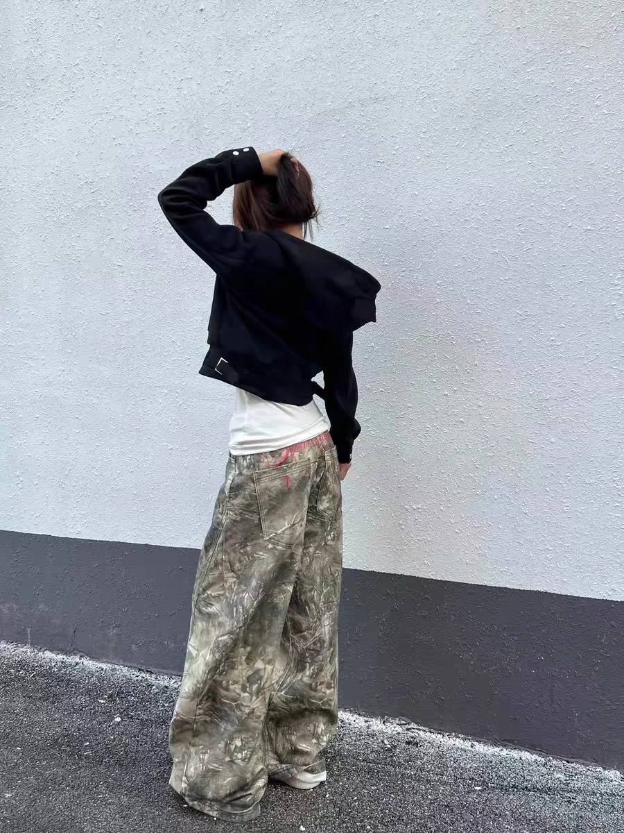 American Style Vintage Washed Embroidered Letter Branch Camouflage Wide Leg Pants Women's Drape High Street Floor-Length Jeans