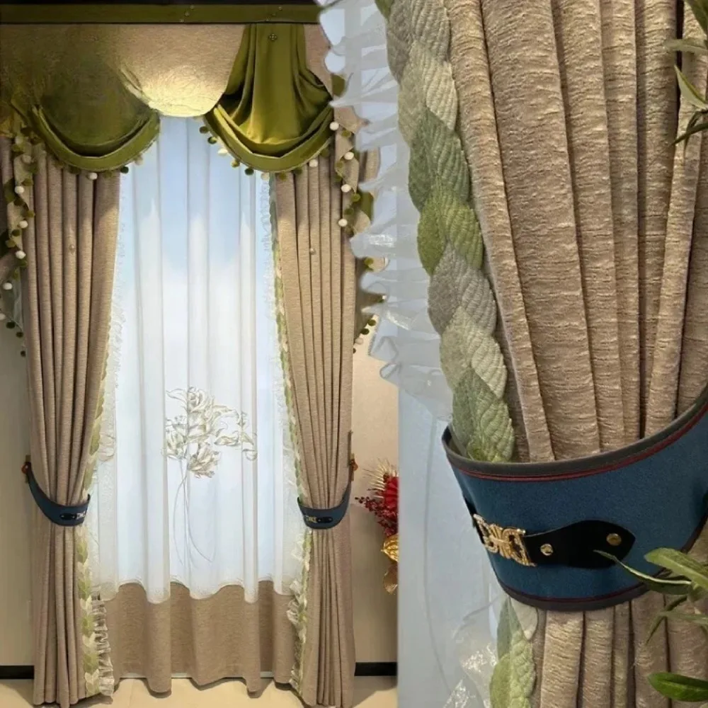 Cream Chinese Jacquard Curtains French Hand Embroidered Patched Window Screens for Living Room Bedroom Custom Made Decor Drapes