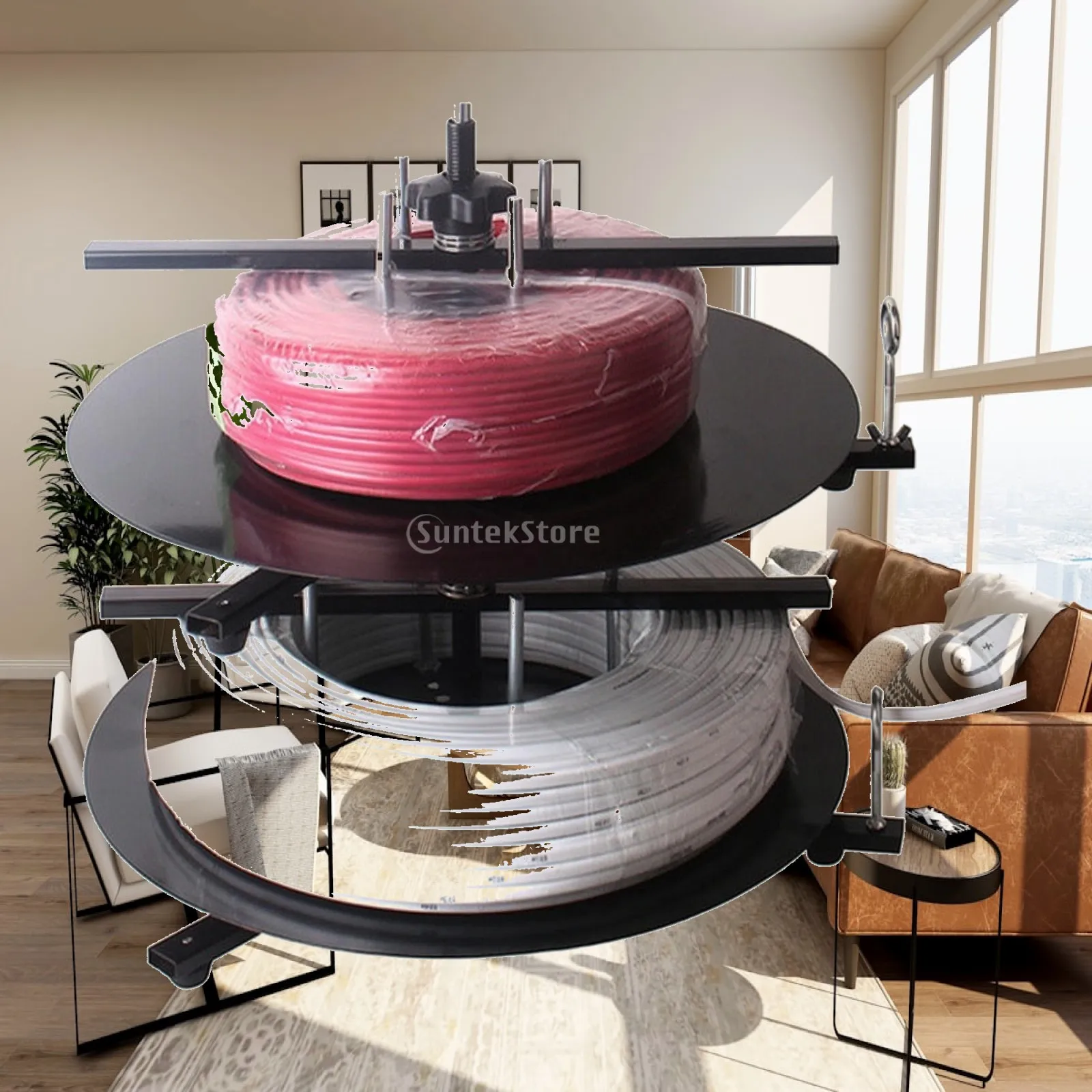 Freestanding Wire Dispenser Rack with Black Metal Circular Deck and Stabilizing Feet for Organized Cable Pulling Tasks