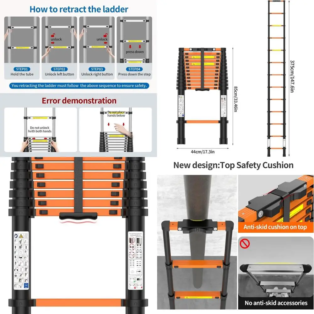 

Телескопическая лестница, удлинительная лестница 12,5 футов, сверхмощная максимальная емкость 330 фунтов, многофункциональная складная лестница для автодома или на открытом воздухе