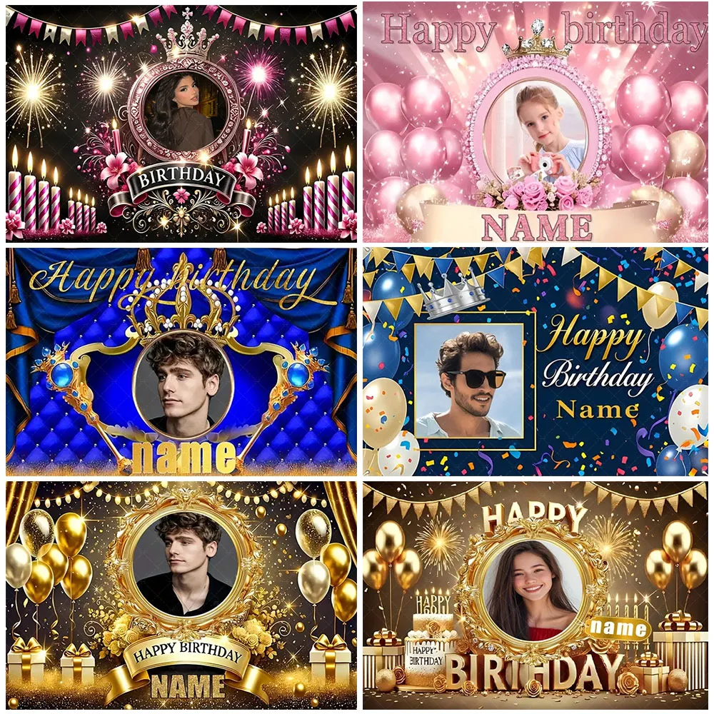 

Customized Name Photo Happy Birthday Crown Balloons Backdrop Pink Gold Blue Party Decorations Girl And Boy Photo Props Supplies