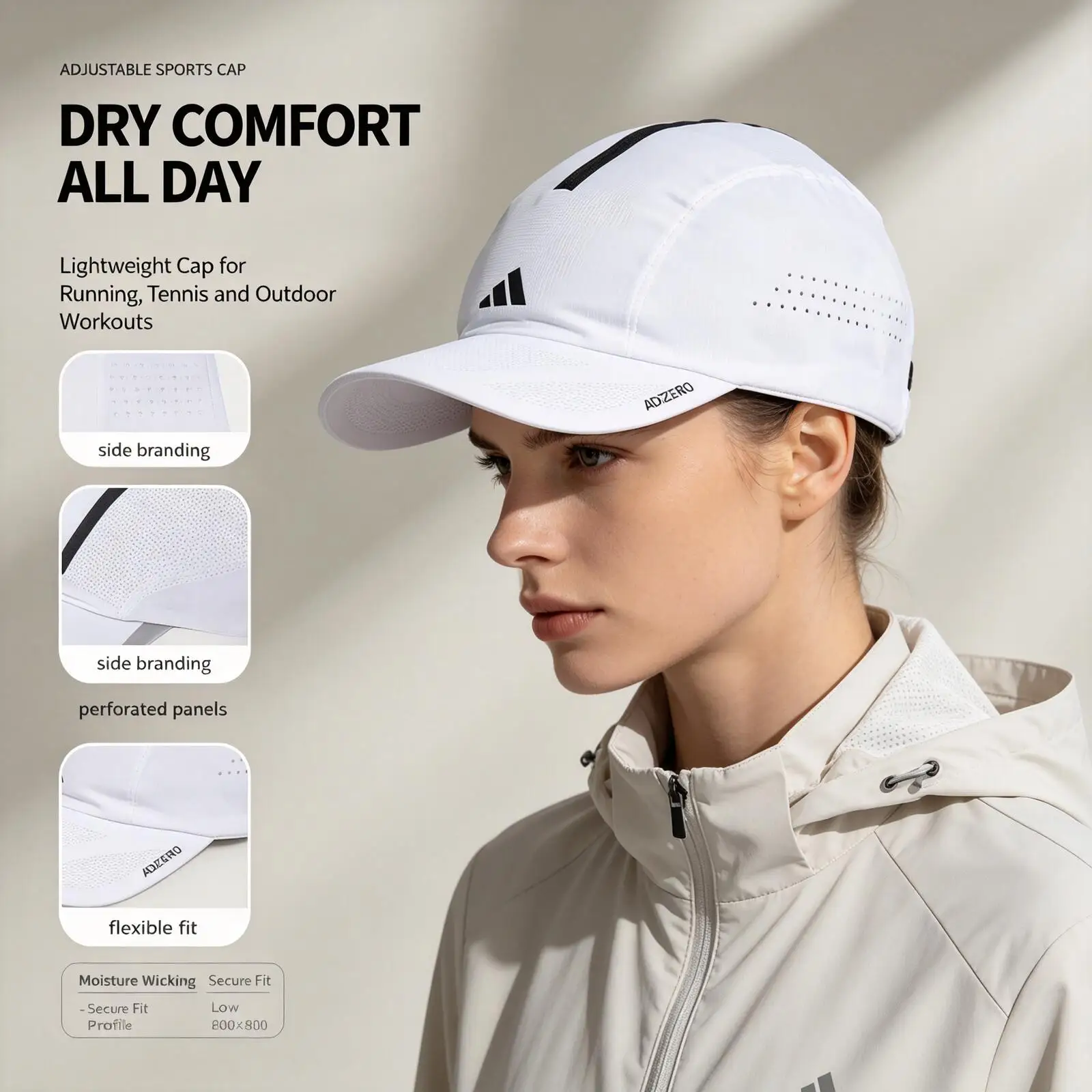 Adidas White Running Cap Lightweight Breathable Sports Hat Mesh Quick Dry Baseball Cap Outdoor Running Tennis Training