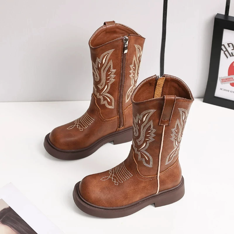 Girls Western Cowboy Mid‑Calf Boots, Vintage Distressed PU Leather with Embroidery Pattern, Low Heel Fashion Dress Boots Autumn
